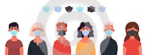 Group of cartoon character young people wearing medical masks.