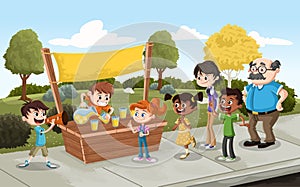 Group of cartoon children buying lemonade at a street market stand.