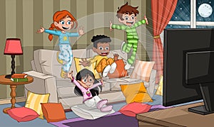 Group of cartoon children jumping on sofa watching tv