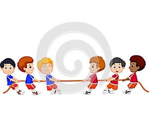 Group cartoon of children playing Tug Of War