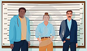 Group of cartoon criminal person standing at police lineup vector graphic illustration