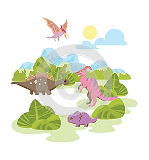 Group of cartoon dinosaurs, on background of mountains and green trees, vector illustration.