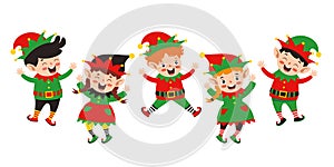 Group Of Cartoon Elfs Celebrating Christmas