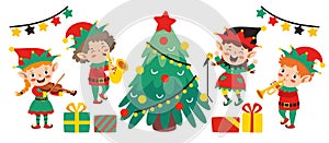 Group Of Cartoon Elfs Celebrating Christmas photo