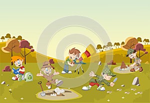 Group of cartoon explorer boys on green field