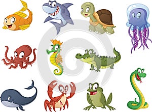 Group of cartoon fish, reptiles and amphibians. Vector illustration of funny happy aquatic animals.