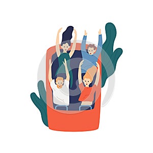 Group of cartoon friends ride roller coaster vector flat illustration. Visitors at thrilling amusement park isolated on photo