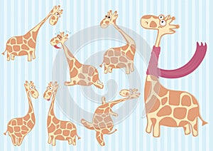 Group of cartoon giraffe with different emotions.