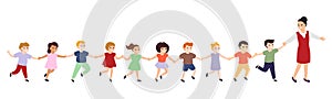 Group of cartoon happy children and educator. Girls and boys follow woman leader, hold hands. Cute diverse kids. Vector