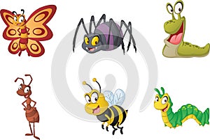 Group of cartoon insects. Vector illustration of funny happy small animals.