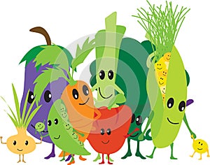 Group of cartoon kawaii vector vegetables for healthy eating