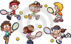 A group of cartoon kids playing tennis