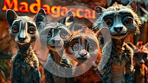 Group of cartoon lemur and animals in Madagascar