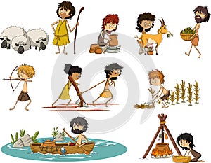 Group of cartoon neolithic people working.