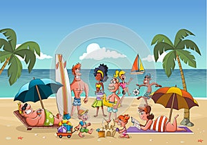 Group of cartoon people on beautiful beach.