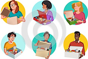 Group of cartoon people holding boxes with products.