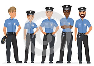 Group of cartoon security police officers. Woman and man police cops vector characters.