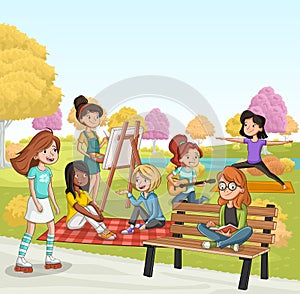 Group of cartoon teenager girls in the park with grass and trees.