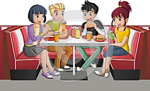 Group of cartoon teenagers eating junk food at diner table. photo