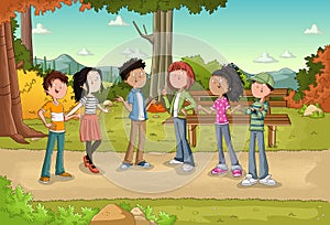 Group of cartoon teenagers in a park with grass and trees.