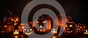 group of carved jack - o\' - lanterns with candles flickering inside, casting spooky shadows Halloween scene