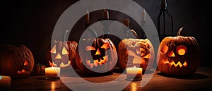 group of carved jack - o\' - lanterns with candles flickering inside, casting spooky shadows Halloween scene