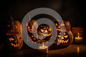 group of carved jack - o\' - lanterns with candles flickering inside, casting spooky shadows Halloween scene