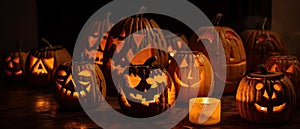 group of carved jack - o\' - lanterns with candles flickering inside, casting spooky shadows Halloween scene