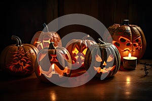 group of carved jack - o\' - lanterns with candles flickering inside, casting spooky shadows Halloween scene