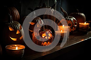 group of carved jack - o\' - lanterns with candles flickering inside, casting spooky shadows Halloween scene