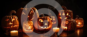 group of carved jack - o\' - lanterns with candles flickering inside, casting spooky shadows Halloween scene