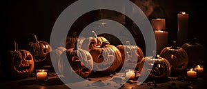 group of carved jack - o\' - lanterns with candles flickering inside, casting spooky shadows Halloween scene