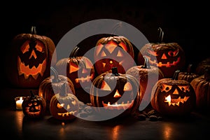 group of carved jack - o\' - lanterns with candles flickering inside, casting spooky shadows Halloween scene