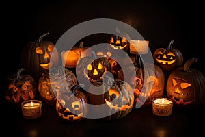 group of carved jack - o\' - lanterns with candles flickering inside, casting spooky shadows Halloween scene
