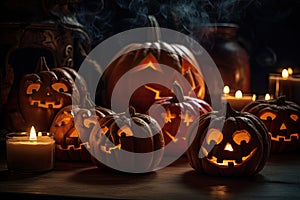 group of carved jack - o\' - lanterns with candles flickering inside, casting spooky shadows Halloween scene