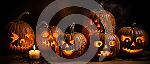 group of carved jack - o\' - lanterns with candles flickering inside, casting spooky shadows Halloween scene