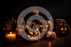 group of carved jack - o\' - lanterns with candles flickering inside, casting spooky shadows Halloween scene