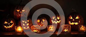 group of carved jack - o\' - lanterns with candles flickering inside, casting spooky shadows Halloween scene