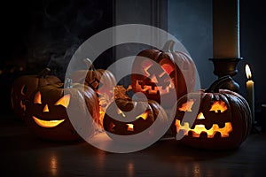 group of carved jack - o\' - lanterns with candles flickering inside, casting spooky shadows Halloween scene