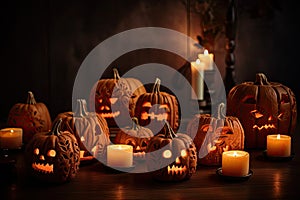 group of carved jack - o\' - lanterns with candles flickering inside, casting spooky shadows Halloween scene