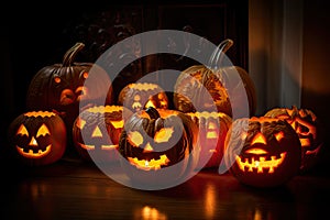 group of carved jack - o\' - lanterns with candles flickering inside, casting spooky shadows Halloween scene