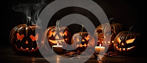 group of carved jack - o\' - lanterns with candles flickering inside, casting spooky shadows Halloween scene