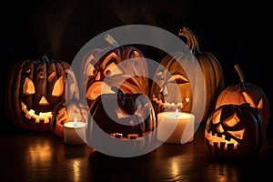 group of carved jack - o\' - lanterns with candles flickering inside, casting spooky shadows Halloween scene