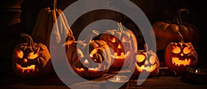 group of carved jack - o\' - lanterns with candles flickering inside, casting spooky shadows Halloween scene