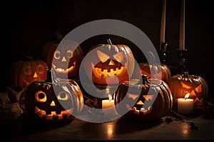 group of carved jack - o\' - lanterns with candles flickering inside, casting spooky shadows Halloween scene