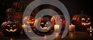 group of carved jack - o\' - lanterns with candles flickering inside, casting spooky shadows Halloween scene