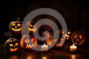 group of carved jack - o\' - lanterns with candles flickering inside, casting spooky shadows Halloween scene