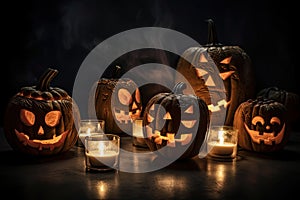 group of carved jack - o\' - lanterns with candles flickering inside, casting spooky shadows Halloween scene