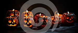 group of carved jack - o\' - lanterns with candles flickering inside, casting spooky shadows Halloween scene