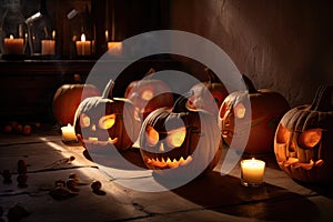 group of carved jack - o\' - lanterns with candles flickering inside, casting spooky shadows Halloween scene